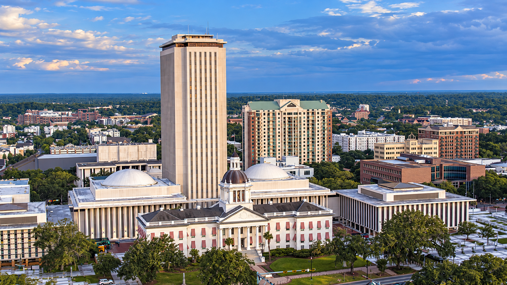 Florida civic building at twilight
